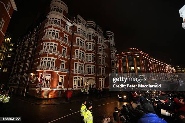 Wikileaks founder Julian Assange speaks from the Ecuadorian Embassy balcony in sight of Harrods department store on December 20, 2012 in London,...