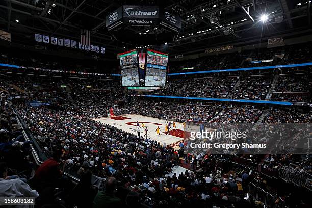 Wide shot of the arena during the game that featured the Cleveland Cavaliers against the Los Angeles Lakers at The Quicken Loans Arena on December...