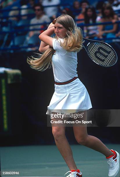 Andrea Jaeger of USA hits a return during the Women's 1980 US Open Tennis Championships circa 1980 at the USTA Tennis Center in the Queens borough of...