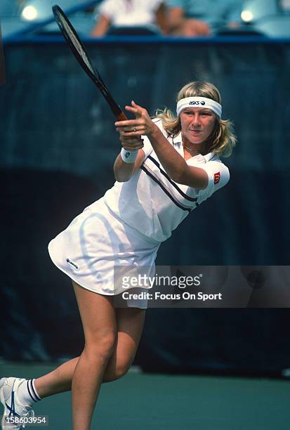 Andrea Jaeger of USA hits a return during the Women's 1980 US Open Tennis Championships circa 1980 at the USTA Tennis Center in the Queens borough of...