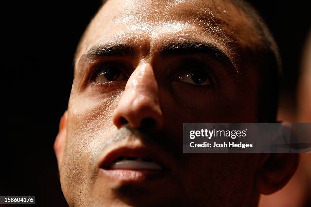 George Sotiropoulos prepares to enter the Octagon before his lightweight fight against Ross Pearson at the UFC on FX event on December 15, 2012 at...