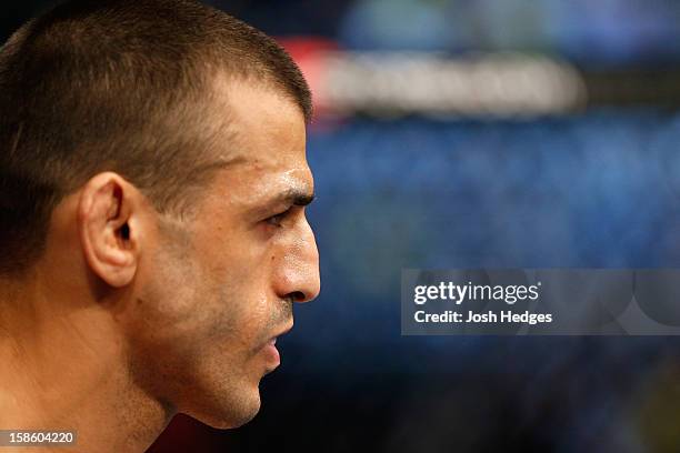 George Sotiropoulos stands in the Octagon before his lightweight fight against Ross Pearson at the UFC on FX event on December 15, 2012 at Gold Coast...