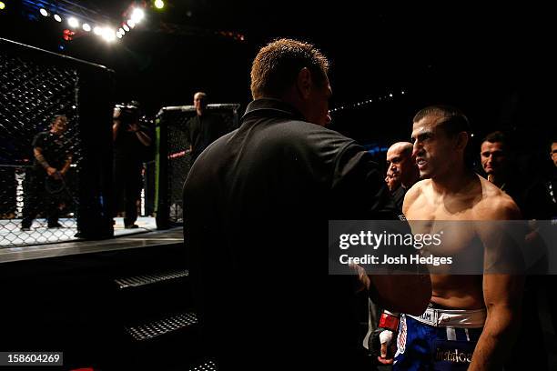 George Sotiropoulos prepares to enter the Octagon before his lightweight fight against Ross Pearson at the UFC on FX event on December 15, 2012 at...