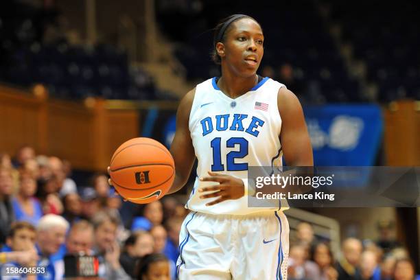 Chelsea Gray of the Duke Blue Devils dribbles against the Iona Gaels at Cameron Indoor Stadium on November 18, 2012 in Durham, North Carolina. Duke...