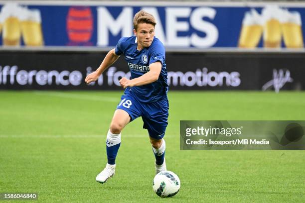 Matisse Samoise of AA Gent in action with the ball during the UEFA Europa Conference League season 2023 - 2024, second qualifying round, first leg...