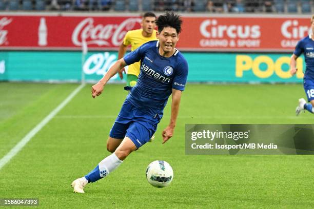 Hyunseok Hong of AA Gent in action with the ball during the UEFA Europa Conference League season 2023 - 2024, second qualifying round, first leg...