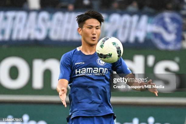 Tsuyoshi Watanabe of AA Gent in action with the ball during the UEFA Europa Conference League season 2023 - 2024, second qualifying round, first leg...