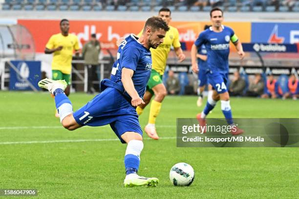 Hugo Cuypers of AA Gent in action with the ball during the UEFA Europa Conference League season 2023 - 2024, second qualifying round, first leg match...