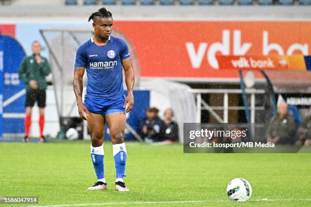 Gift Orban of AA Gent in action with the ball during the UEFA Europa Conference League season 2023 - 2024, second qualifying round, first leg match...