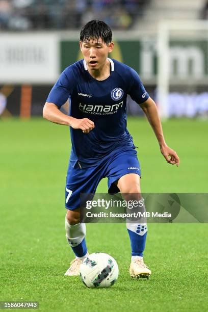 Hyunseok Hong of AA Gent in action with the ball during the UEFA Europa Conference League season 2023 - 2024, second qualifying round, first leg...