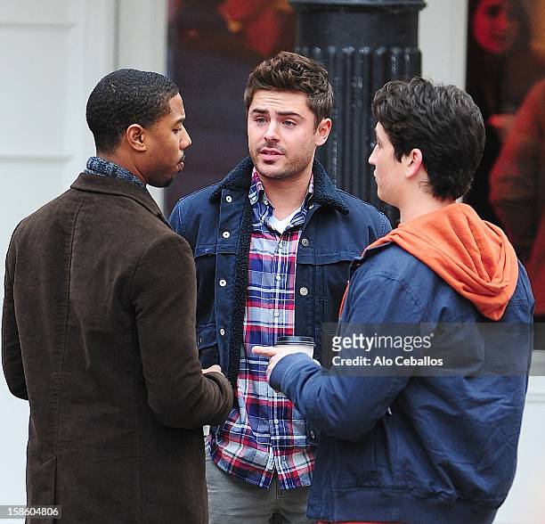 Zac Efron, Miles Teller and Michael B. Jordan are seen on the set of "Are we offically dating?" at Streets of Manhattan on December 20, 2012 in New...