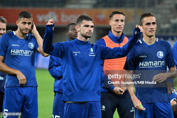 Hugo Cuypers of AA Gent celebrates after the UEFA Europa Conference League season 2023 - 2024, second qualifying round, first leg match between KAA...