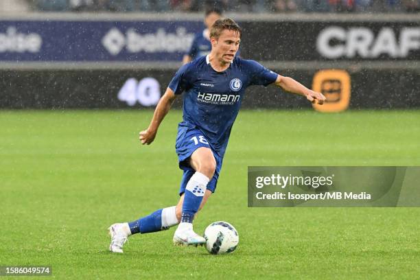 Matisse Samoise of AA Gent in action with the ball during the UEFA Europa Conference League season 2023 - 2024, second qualifying round, first leg...