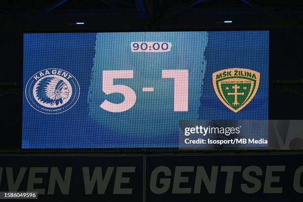 The score board pictured after the UEFA Europa Conference League season 2023 - 2024, second qualifying round, first leg match between KAA Gent and...
