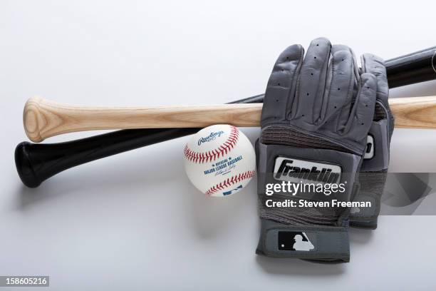 Detail shot of Louisville Slugger Bats, Rawlins Ball, and Frankiln batting gloves, the Official Bat, Ball and Batting gloves of Major League...