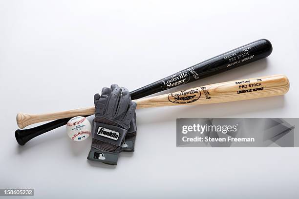 Detail shot of Louisville Slugger Bats, Rawlins Ball, and Frankiln batting gloves, the Official Bat, Ball and Batting gloves of Major League...