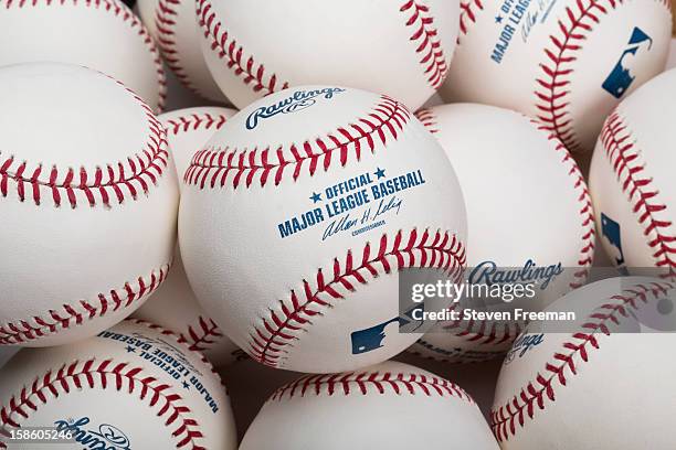 Detail shot of a Rawlings baseball, the Official Ball of Major League Baseball photographed on December 19, 2012 in New York City.