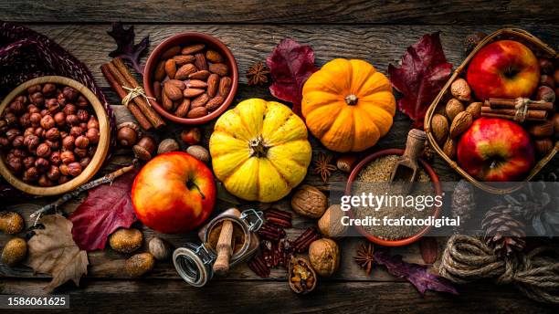 herbst- oder thanksgiving-deko mit minikürbissen, nüssen und gewürzen - flaschenkürbis stock-fotos und bilder