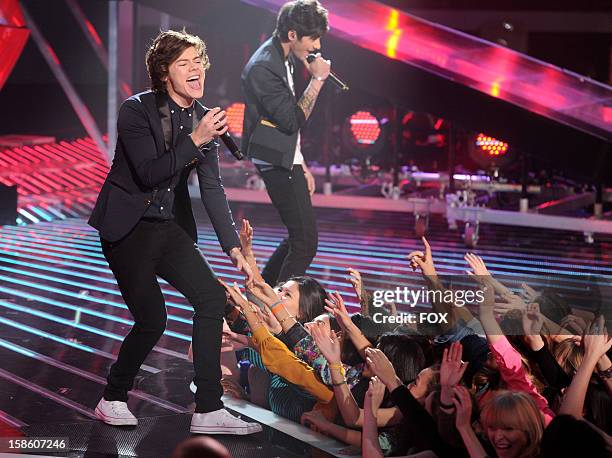 Harry Styles of One Direction performs during FOX's "The X Factor" Season 2 Finale on FOX on December 20, 2012 in Hollywood, California.