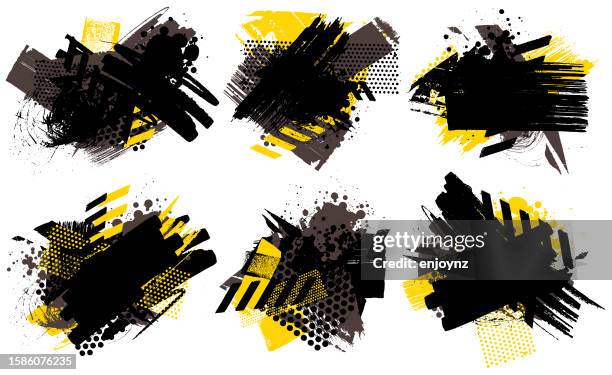 ilustraciones, imágenes clip art, dibujos animados e iconos de stock de vector de texturas y patrones grunge negro y amarillo - técnica de textura grunge