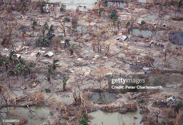 An aerial view of a rural village and the surrounding farmland totally devastated by one of the biggest cyclones to hit Bangladesh in recent decades....