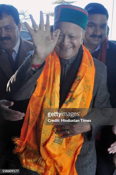 Congress leader Virbhadra Singh at his residence Holy Lodge after Congress Party declared winner in Himachal Pradesh State Assembly Poll 2012 on...