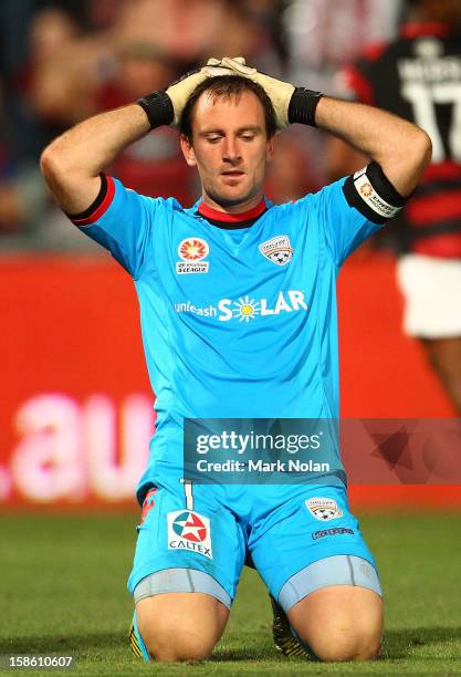 Eugene Galekovic of Adelaide reacts after agoal by Shinji Ono of the Wanderers during the round 12 A-League match between the Western Sydney...