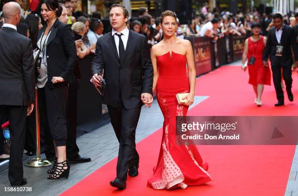 Stuart Webb and Kate Ritchie wlak the red carpet during the Australian premiere of 'Les Miserables' at the State Theatre on December 21, 2012 in...