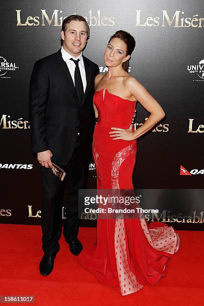 Stuart Webb and Kate Ritchie walk the red carpet during the Australian premiere of 'Les Miserables' at the State Theatre on December 21, 2012 in...