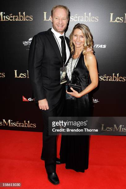 Adrienne Ferreira and Rob Carlton walk the red carpet during the Australian premiere of 'Les Miserables' at the State Theatre on December 21, 2012 in...