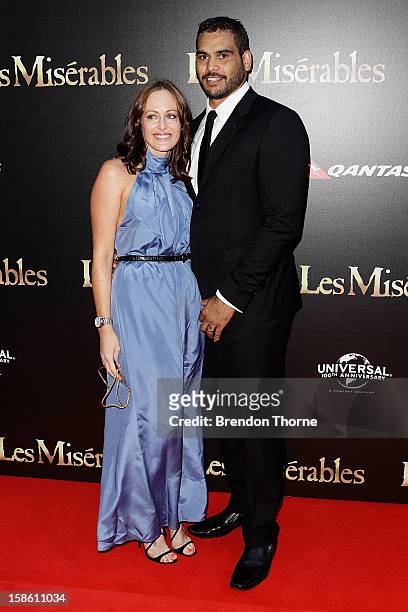 Greg Inglis and guest walk the red carpet during the Australian premiere of 'Les Miserables' at the State Theatre on December 21, 2012 in Sydney,...