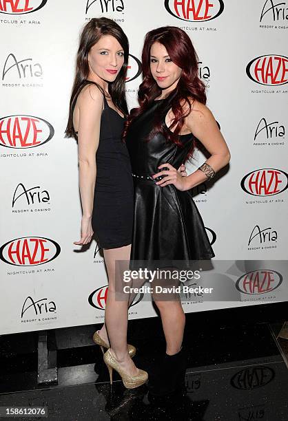 Brittney Berault and actress Jillian Rose Reed arrive at Haze Nightclub at the Aria Resort & Casino at CityCenter to celebrate Reed's 21st birthday...