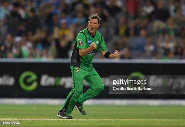 Shane Warne of the Stars celebrates after dismissing Moises Henriques of the Sixers during the Big Bash League match between the Melbourne Stars and...