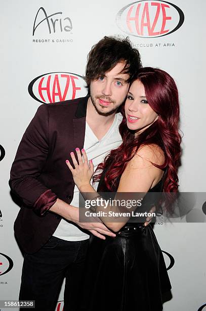 Musician Marty Shannon and actress Jillian Rose Reed arrive for her 21st birthday celebration at Haze Nightclub at the Aria Resort & Casino at...