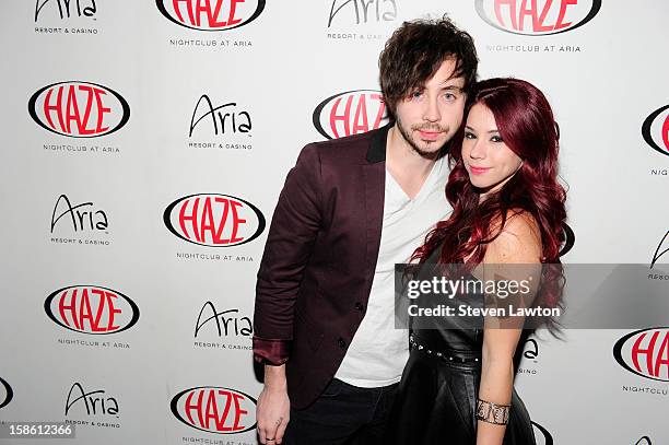 Musician Marty Shannon and actress Jillian Rose Reed arrive for her 21st birthday celebration at Haze Nightclub at the Aria Resort & Casino at...