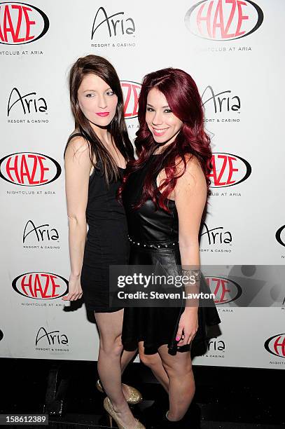 Model Brittney Berault and actress Jillian Rose Reed arrive for Jillian's 21st birthday celebration at Haze Nightclub at the Aria Resort & Casino at...