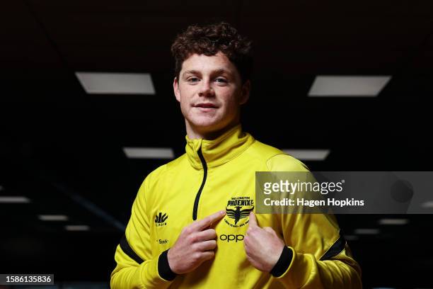 New signing Fin Conchie poses during a Wellington Phoenix media opportunity at NZCIS on August 02, 2023 in Wellington, New Zealand.