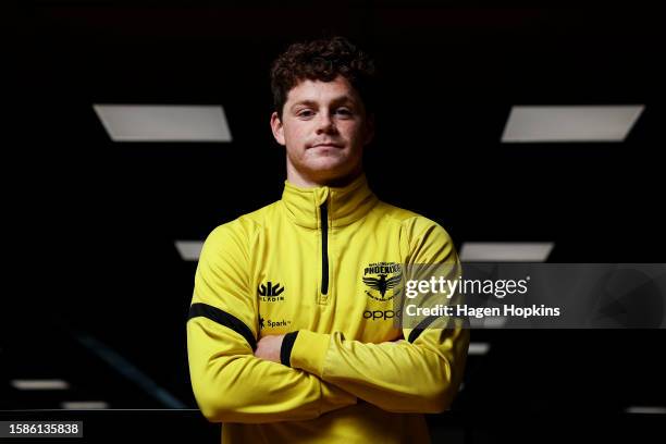 New signing Fin Conchie poses during a Wellington Phoenix media opportunity at NZCIS on August 02, 2023 in Wellington, New Zealand.