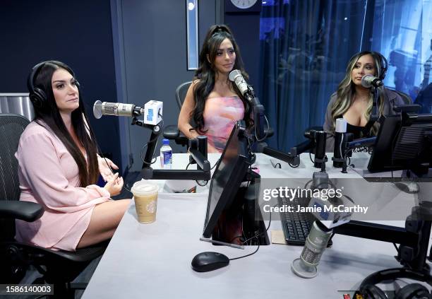 Deena Nicole Cortese, Angelina Pivarnick, and Nicole "Snooki" Polizzi visit SiriusXM at SiriusXM Studios on August 01, 2023 in New York City.