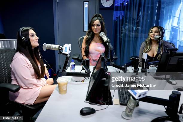 Deena Nicole Cortese, Angelina Pivarnick, and Nicole "Snooki" Polizzi visit SiriusXM at SiriusXM Studios on August 01, 2023 in New York City.