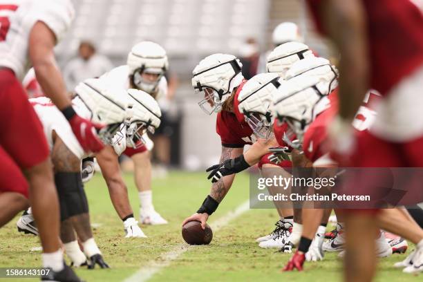 The Arizona Cardinals participate in a team practice ahead of the NFL season at State Farm Stadium on August 01, 2023 in Glendale, Arizona.