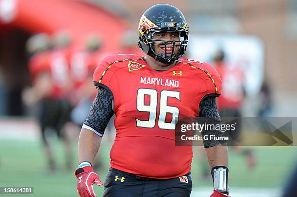 Francis of the Maryland Terrapins rests during a break in the game against the Wake Forest Demon Deacons at Byrd Stadium on October 6, 2012 in...