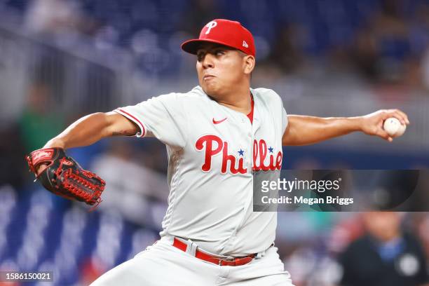 Ranger Suarez of the Philadelphia Phillies pitches against the Miami Marlins during the second inning at loanDepot park on August 01, 2023 in Miami,...