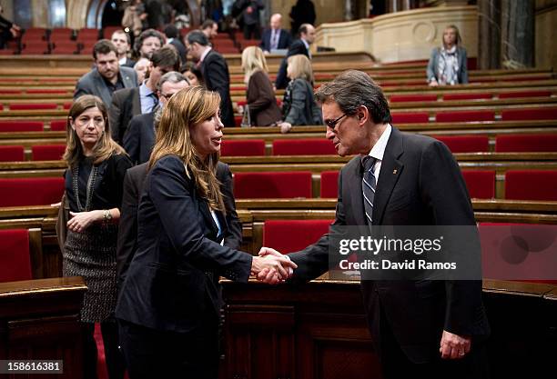 The President of Catalonia Artur Mas shakes hands with the President of the right wing Popula Party of Catalonia Alicia Sanchez Camacho after being...