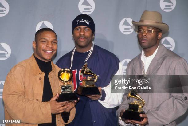 Rap Group Naughty By Nature attends 38th Annual Grammy Awards on February 28, 1996 at the Shrine Auditorium in Los Angeles, California.