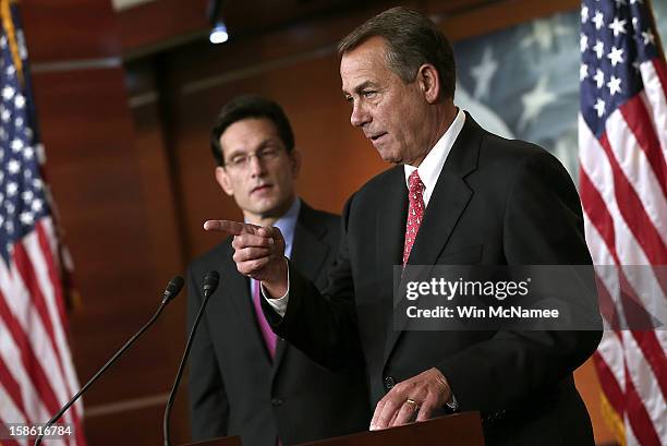 Speaker of the House John Boehner speaks during a press conference with House Majority Leader Eric Cantor at the U.S. Capitol December 21, 2012 in...