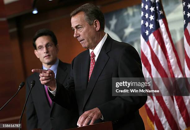 Speaker of the House John Boehner speaks during a press conference with House Majority Leader Eric Cantor at the U.S. Capitol December 21, 2012 in...