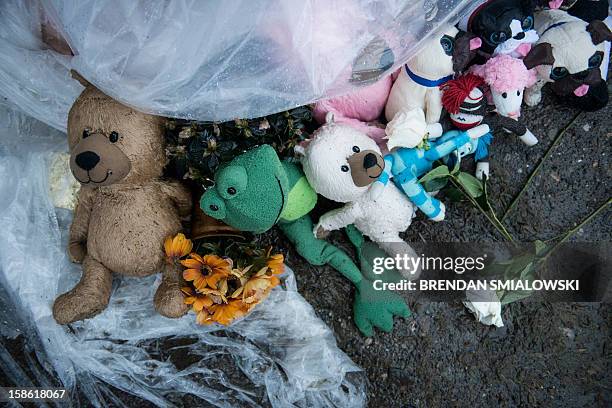 Rain soaked stuffed animals and flowers are seen at a roadside memorial before a moment of silence in Sandy Hook village December 21, 2012 in...