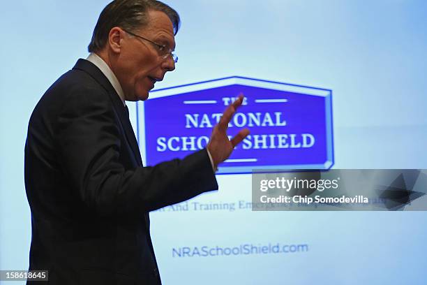 National Rifle Association Executive Vice President Wayne LaPierre calls on Congress to pass a law putting armed police officers in every school in...