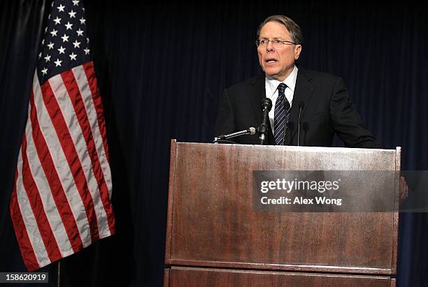 National Rifle Association Executive Vice President Wayne LaPierre calls on Congress to pass a law putting armed police officers in every school in...